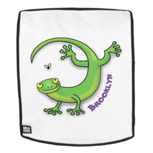 Cute happy green gecko greetings with bug cartoon backpack