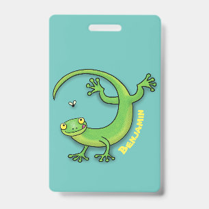 Cute happy green gecko greetings with bug cartoon badge