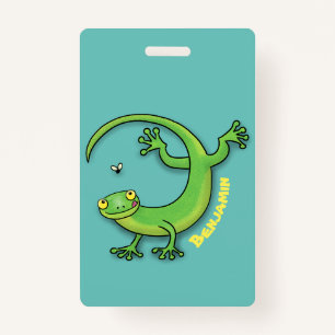 Cute happy green gecko greetings with bug cartoon badge