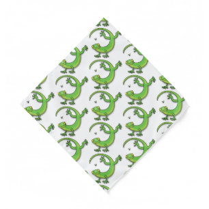 Cute happy green gecko greetings with bug cartoon bandana