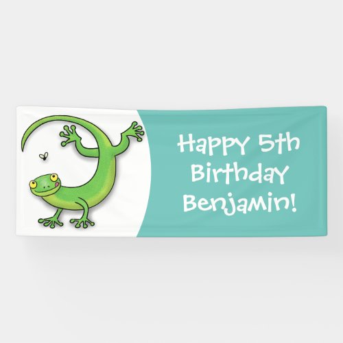 Cute happy green gecko greetings with bug cartoon banner