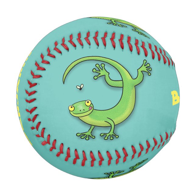 Cute happy green gecko greetings with bug cartoon baseball (Front Left)