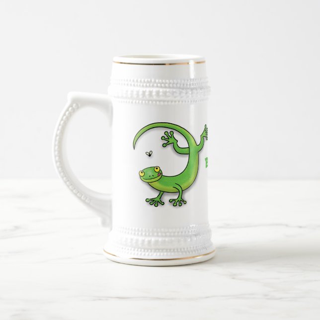 Cute happy green gecko greetings with bug cartoon beer stein (Left)