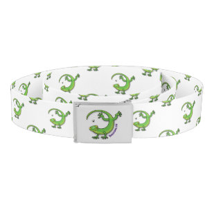 Cute happy green gecko greetings with bug cartoon belt