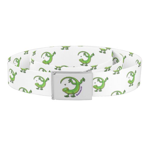 Cute happy green gecko greetings with bug cartoon belt