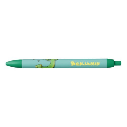 Cute happy green gecko greetings with bug cartoon black ink pen