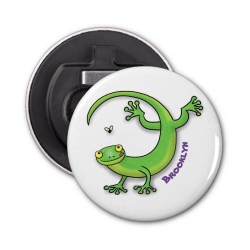 Cute happy green gecko greetings with bug cartoon bottle opener