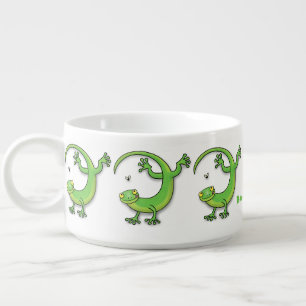 Cute happy green gecko greetings with bug cartoon bowl