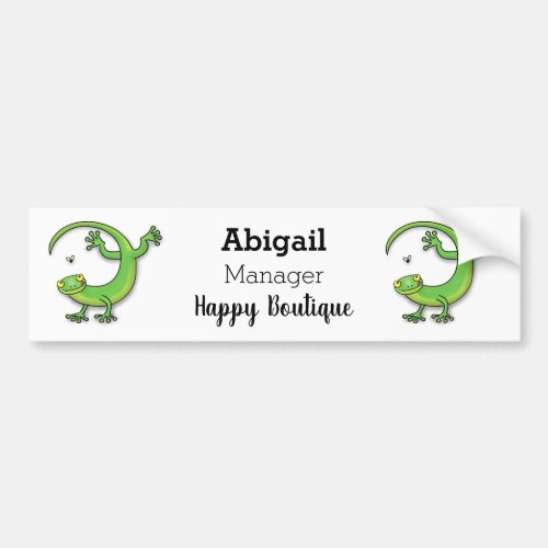 Cute happy green gecko greetings with bug cartoon  bumper sticker