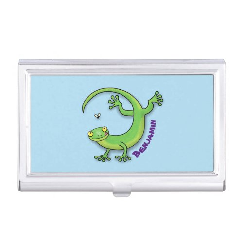 Cute happy green gecko greetings with bug cartoon business card case