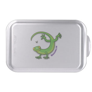 Cute happy green gecko greetings with bug cartoon cake pan