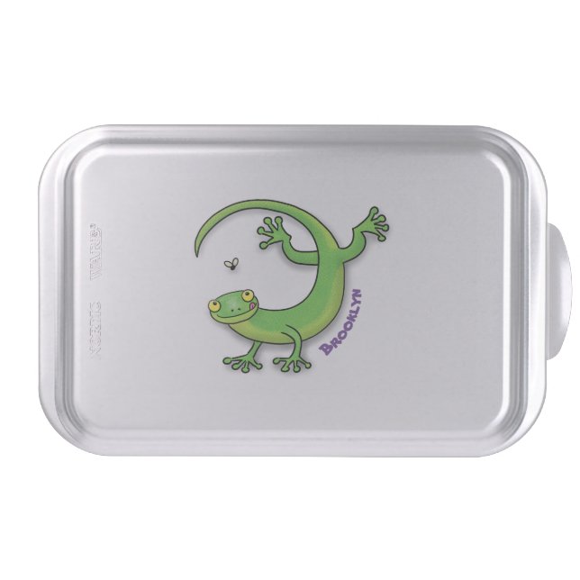 Cute happy green gecko greetings with bug cartoon cake pan (Front)