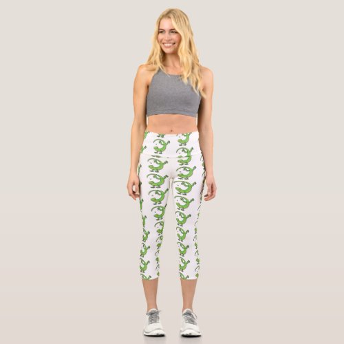 Cute happy green gecko greetings with bug cartoon capri leggings