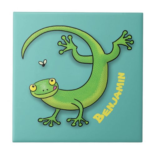 Cute happy green gecko greetings with bug cartoon ceramic tile