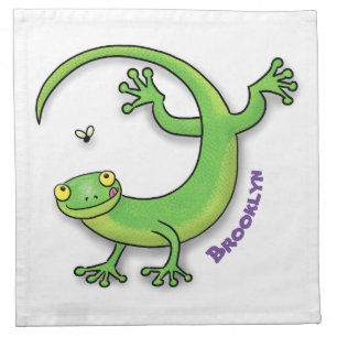 Cute happy green gecko greetings with bug cartoon cloth napkin