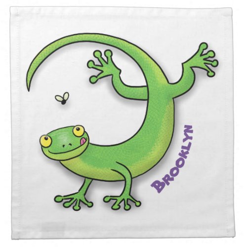 Cute happy green gecko greetings with bug cartoon cloth napkin