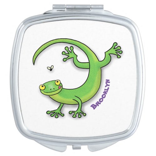 Cute happy green gecko greetings with bug cartoon compact mirror