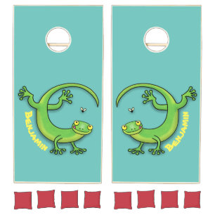 Cute happy green gecko greetings with bug cartoon cornhole set