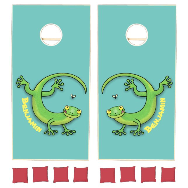 Cute happy green gecko greetings with bug cartoon cornhole set (Set)