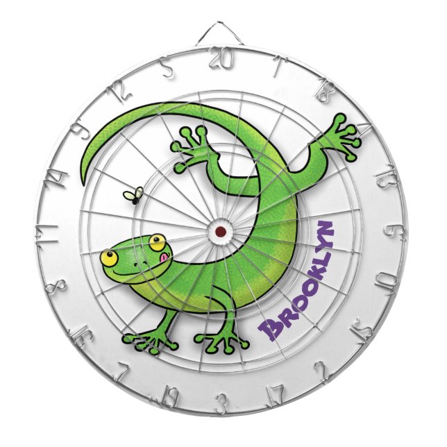 Cute happy green gecko greetings with bug cartoon dart board (Front)