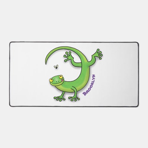 Cute happy green gecko greetings with bug cartoon desk mat