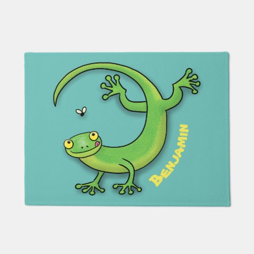 Cute happy green gecko greetings with bug cartoon doormat