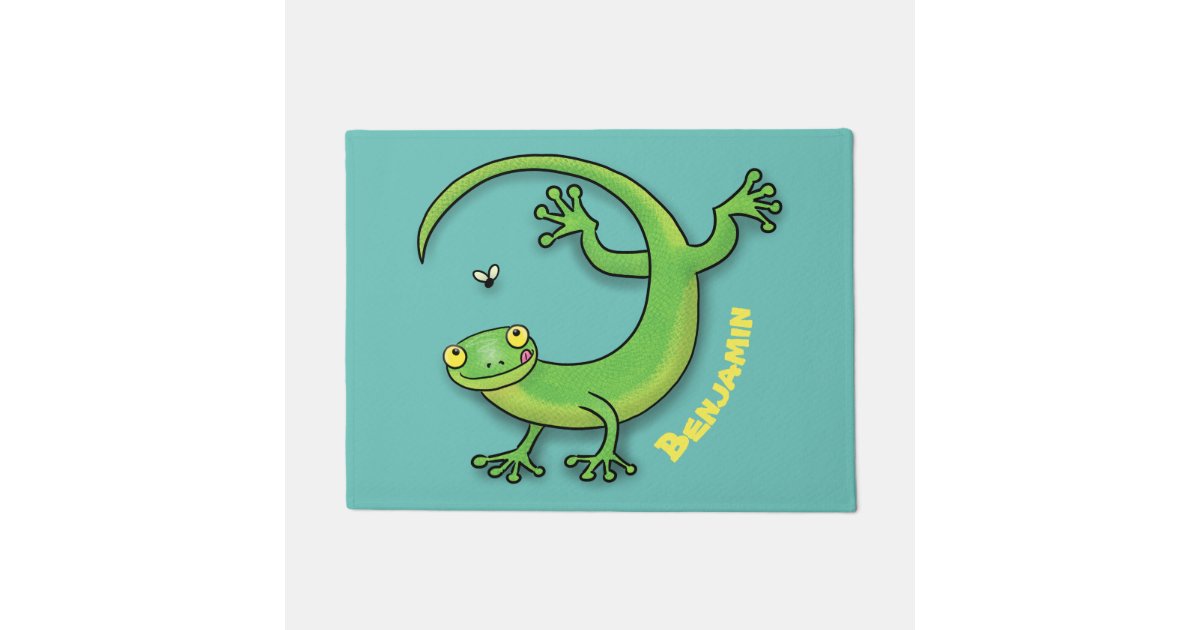 Cute happy green gecko greetings with bug cartoon doormat | Zazzle