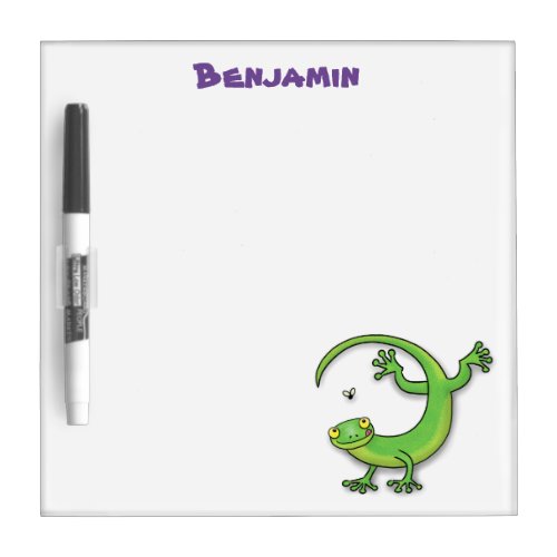 Cute happy green gecko greetings with bug cartoon dry erase board