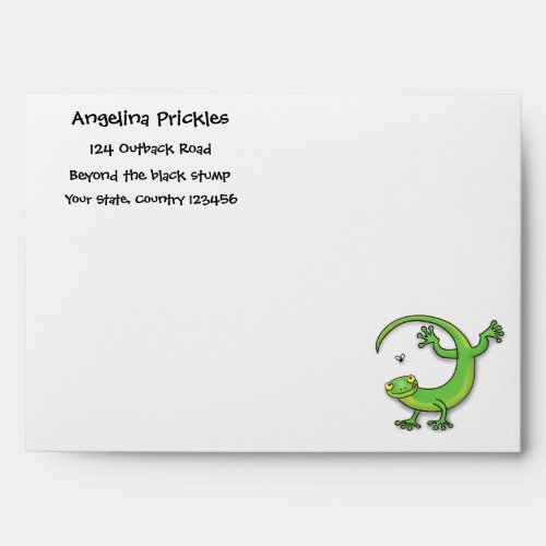 Cute happy green gecko greetings with bug cartoon envelope