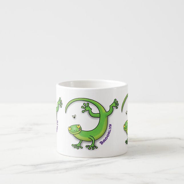 Cute happy green gecko greetings with bug cartoon espresso cup (Front)