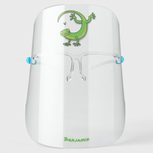 Cute happy green gecko greetings with bug cartoon  face shield