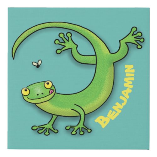 Cute happy green gecko greetings with bug cartoon faux canvas print