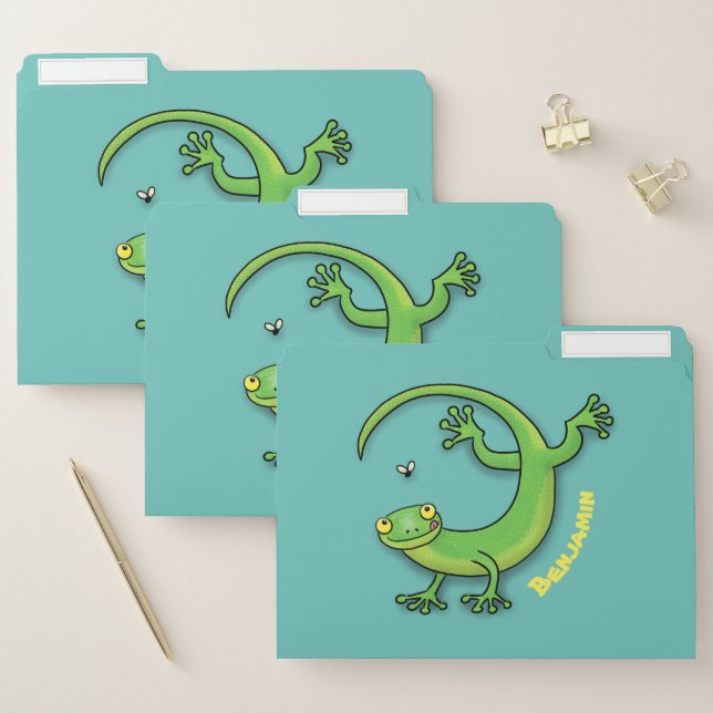 Cute happy green gecko greetings with bug cartoon  file folder (Set)