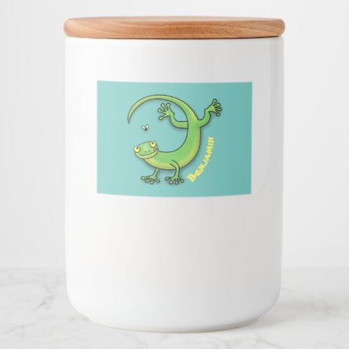 Cute happy green gecko greetings with bug cartoon food label