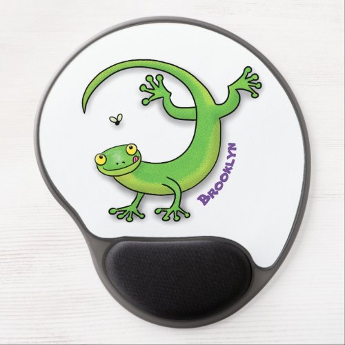 Cute happy green gecko greetings with bug cartoon gel mouse pad