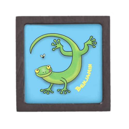 Cute happy green gecko greetings with bug cartoon gift box