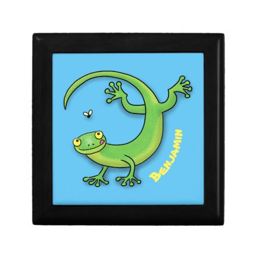 Cute happy green gecko greetings with bug cartoon gift box