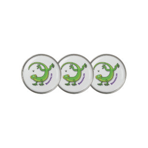 Cute happy green gecko greetings with bug cartoon golf ball marker
