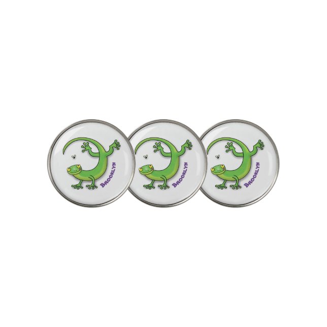 Cute happy green gecko greetings with bug cartoon golf ball marker (3 Up)