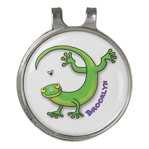Cute happy green gecko greetings with bug cartoon golf hat clip