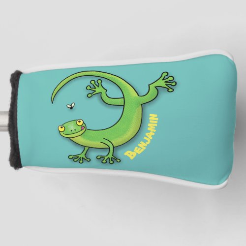 Cute happy green gecko greetings with bug cartoon golf head cover