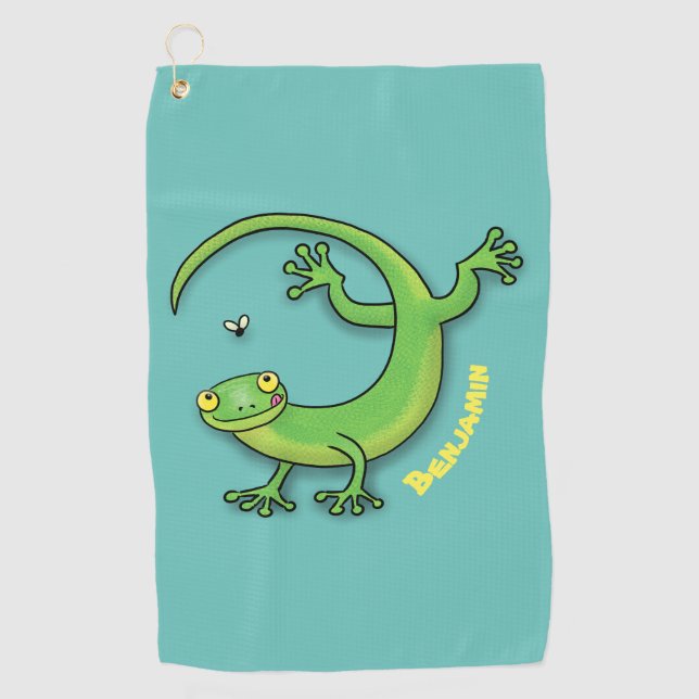 Cute happy green gecko greetings with bug cartoon  golf towel (Front)