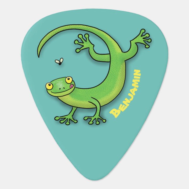Cute happy green gecko greetings with bug cartoon guitar pick (Front)