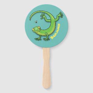 Cute happy green gecko greetings with bug cartoon hand fan