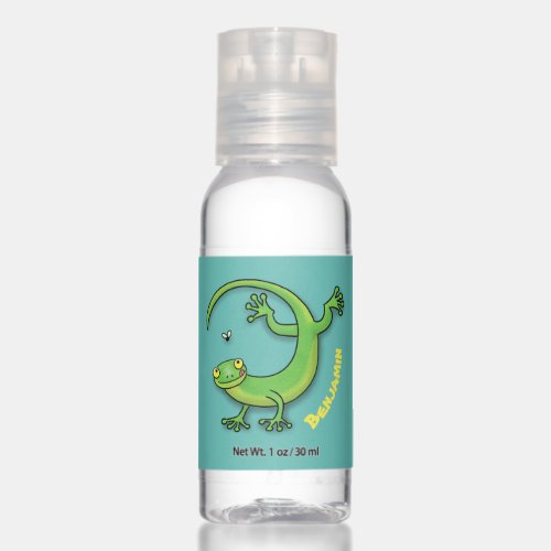 Cute happy green gecko greetings with bug cartoon hand sanitizer