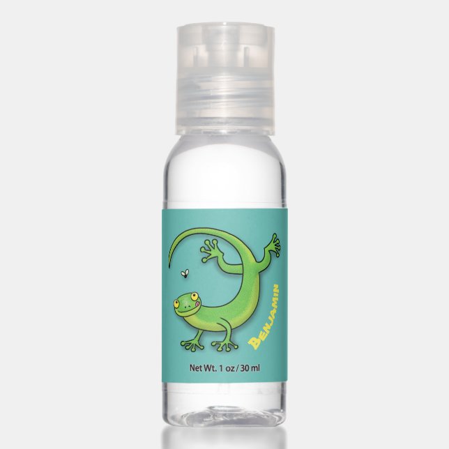 Cute happy green gecko greetings with bug cartoon hand sanitizer (Front)