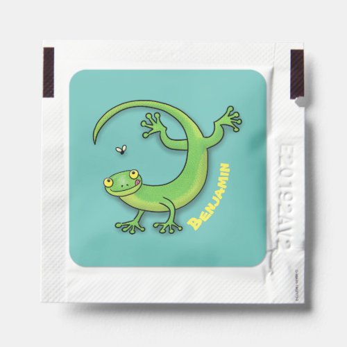 Cute happy green gecko greetings with bug cartoon hand sanitizer packet