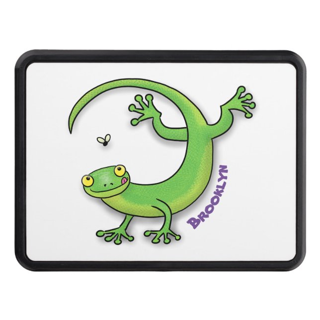 Cute happy green gecko greetings with bug cartoon hitch cover (Front)
