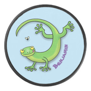 Cute happy green gecko greetings with bug cartoon hockey puck