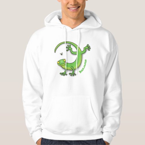 Cute happy green gecko greetings with bug cartoon hoodie